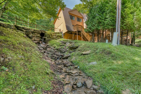 Rear deck with water fall and stream