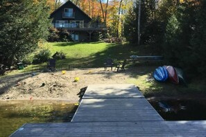 View from the main dock. Sandy swimming area on the left, boating area on right.