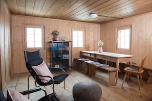 Living area with an open fireplace
