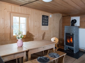 Living area with an open fireplace