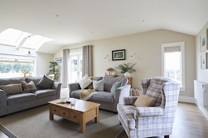 Bright sitting area with stove fire 