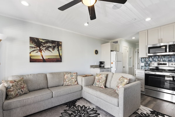 A sleeper sofa is included in the living room!
