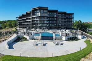 Complex building & lakeside infinity pool!