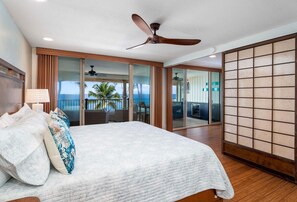 Ocean view master bedroom with king bed. The Shoji doors can close completely.