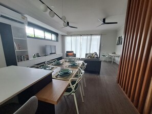 Open plan kitchen, dining, living, office