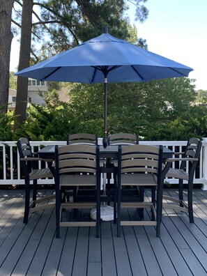 outdoor dining table overlooking water from deck