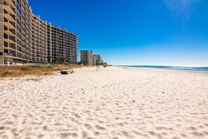 The beach is just a 5 min walk or ride on the tram to the beach/Gulf side of the resort.