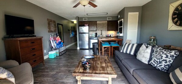 Welcome to Gone Coastal! Queen size sleeper sofa, and beach gear to borrow!
