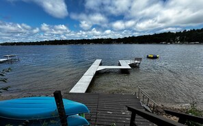 Amazing waterfront and dock! With a swimming raft, kayaks, beach items, and fishing gear!