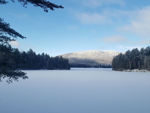 Looking out the family room window at the lake. Ice fishing is possible.