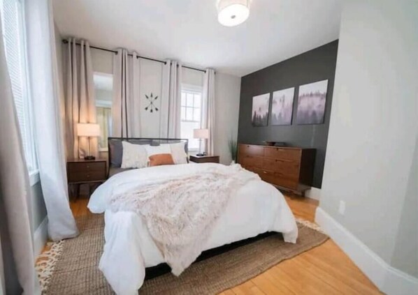 This cozy queen platform bedroom is the perfect retreat with organic bedding.