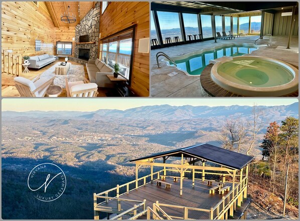 Experience 'INN THE CLOUDS'! Stunning vistas, indoor pool with spa, multiple decks with fireplaces, and a rooftop terrace await!
