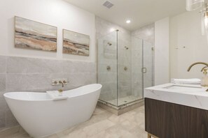 Bathroom 1. Double showers, double vanities and soaking tub! Custom Hollyhock complimentary shampoo and body wash. Complimentary bath salts for tub. Soak & Savor with Hollyhock!