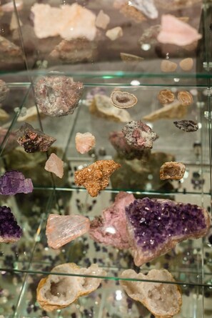 The penthouse has over 100 000 precious and semi precious gemstones! Stone cabinets are found in all rooms and themed to that room. The owner's extensive collection is there for you to enjoy!