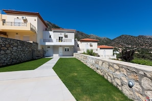 the entrance and the parking lot