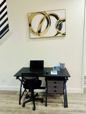 Desk with chair, office supplies & storage