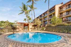 Our building's pool is a saltwater pool. You can also relax on the sun loungers