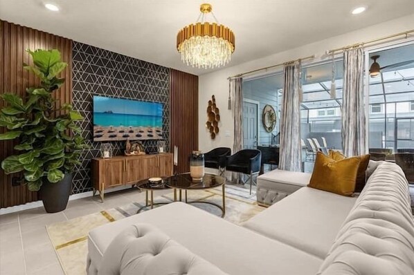 Kick back and relax in our spacious living room, where you can unwind with your favorite book or movie.