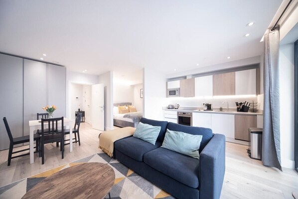 Integrated living, bedroom, and kitchen spaces in an open layout.