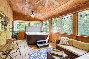 Cabin Exterior | Screened Deck | Private Hot Tub