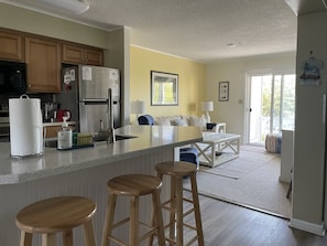 Kitchen island and living room