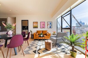 With floor-to-ceiling windows you have a great backdrop of the city!