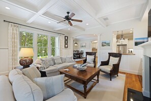 Spacious living room with ceilings.