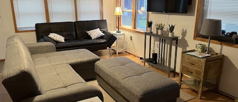 Views of lake from window. 50-inch flat screen TV with Roku.