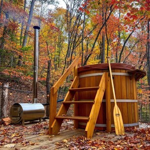 There is a 2 person wood-fired hot tub located near the Rubicon. We heat the hot tub for guests when requested.