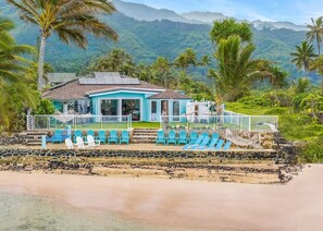 Tranquil Bliss-Front View of Home with private beach, Sacred Falls, Jurassic Valley Sea Cliffs, turquoise snorkeling reef, 80-inch Samsung 8K Home Theater System & 7 two-person double-capacity hammocks