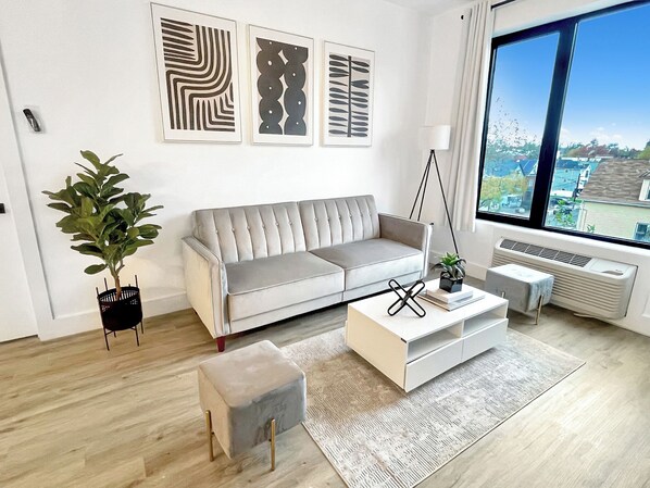 Contemporary Livingroom:
- 55” Smart TV 
- Sleeper Sofa
- City View