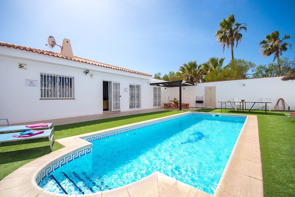 Private heated pool with roman steps