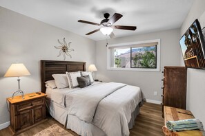 Comfortable queen bedroom with views and lots of storage.