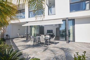 Outside shaded dining area and seating area