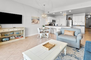 Open living, dining and kitchen area