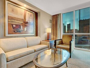 Bright living area with amazing city views.