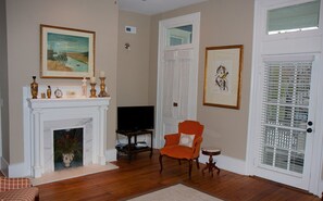 Living room with fireplace.
