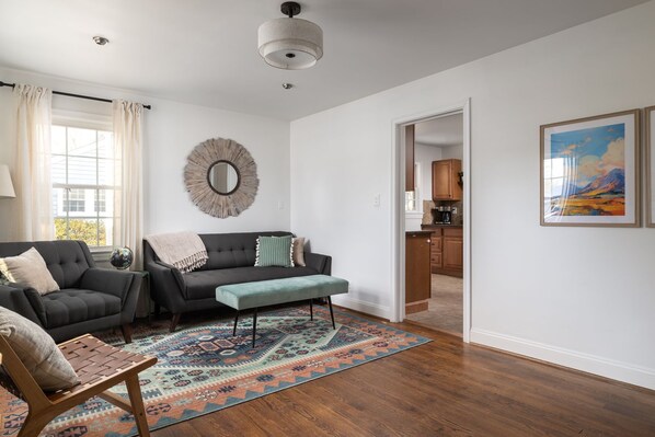 Bright and comfortable living room ready for reading, games, or watching TV