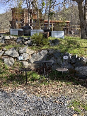 Gravel space in front of yurt entrance 