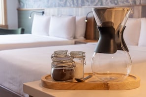 Close-up of a coffee setup in the room for a relaxing start to the day.