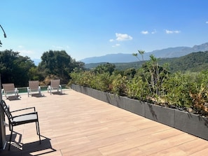 Terrasse avec végétation et vue montagne 