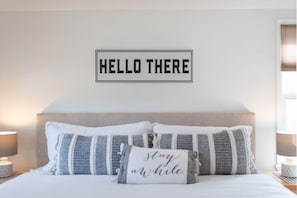 The master bedroom has an amazing king sized bed and high quality 100% cotton sheets. A small walk in closet and a dresser provide storage space.