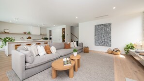 Living, kitchen, fireplace 