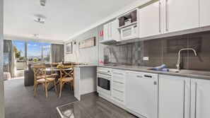 Kitchen, dining, living