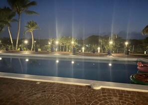 Pool area lighted at night