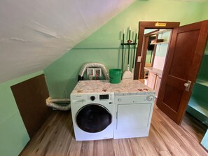 Apartment size washer and drier so you can go home with clean laundry.