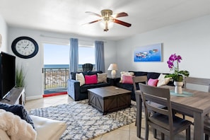 Comfortable seating with smart TV and incredible ocean views. Couch pops out into queen bed