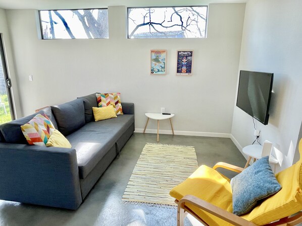 Sofa bed, smart TV with Roku apps, Google fiber internet