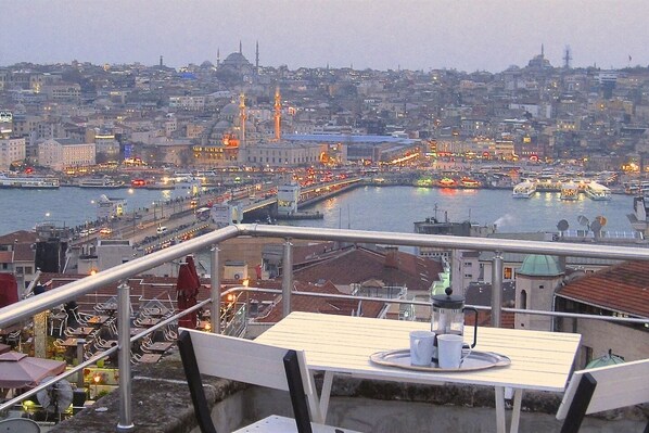 Stunning views right across the Golden Horn from the shared roof terrace a few floors up.