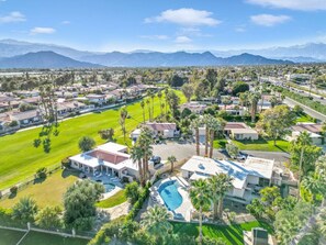 Birds eye view of Indian Palms Country club and the backyard of our home